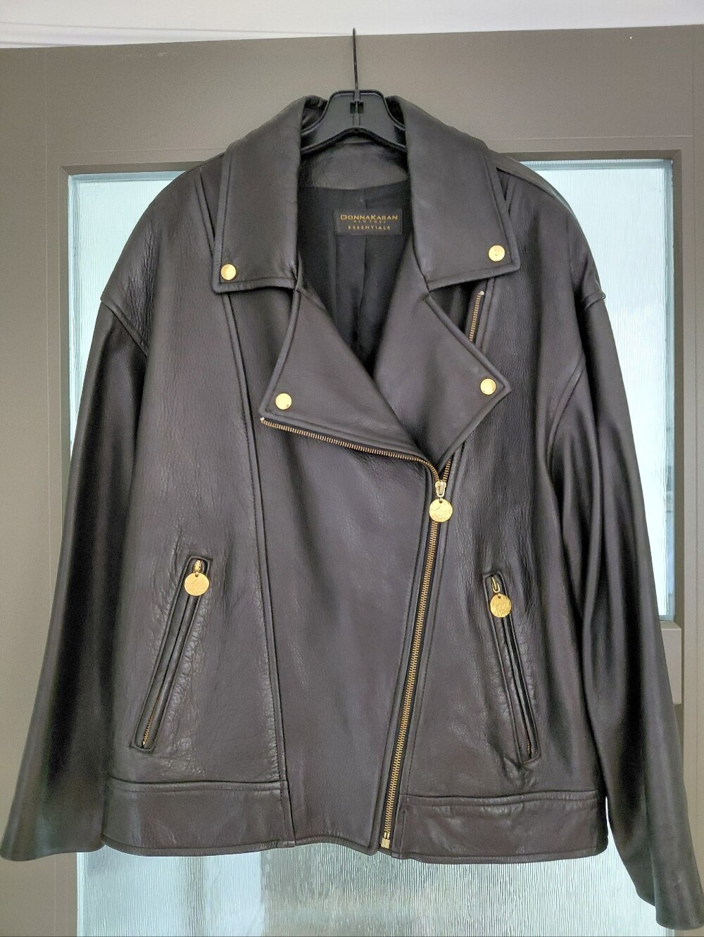 Donna Karan Soft Black Leather Biker Jacket with Gold Logo Accent Pulls